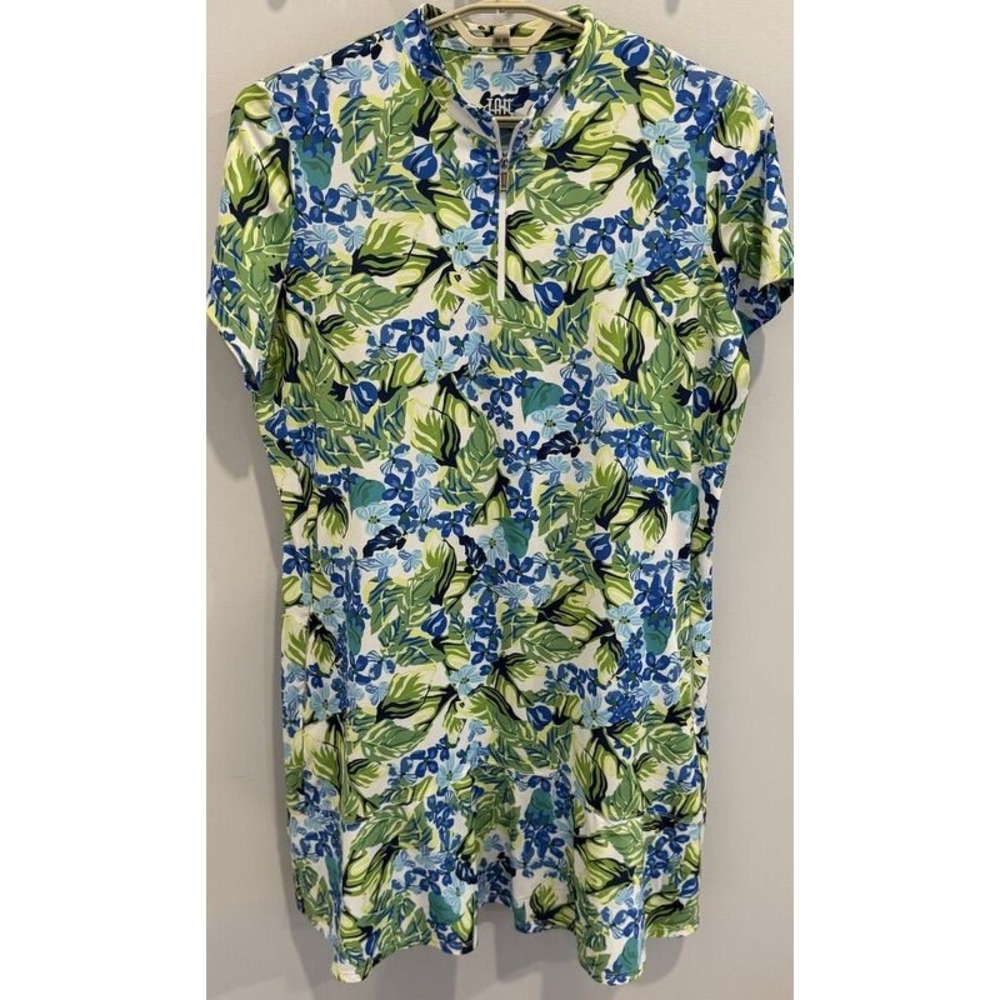 Tail Tennis Womens Active Dress 1/4 Zip Blue Floral Short Sleeve Zip Pockets XL